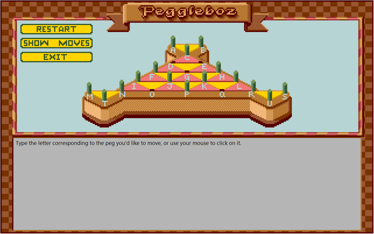 A screenshot from Zork Zero showing Peggleboz, its version of the triangle peg solitaire game