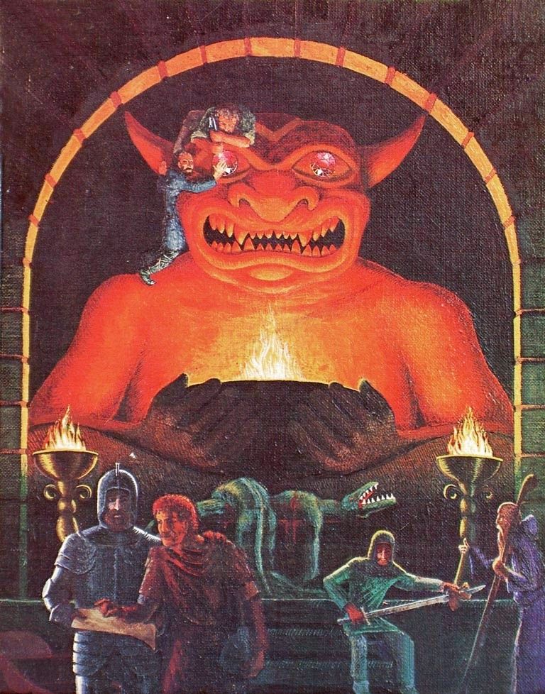 The painting on the cover of the first edition AD&D Player's Handbook, by David Trampier. Two burglars are prying a gem from the eye of a huge demon statue, while various adventurers wait in the foreground by the body of a slain lizard-man.