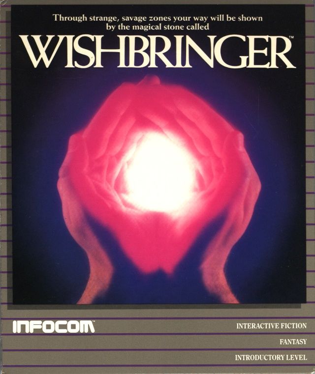 The cover of Infocom's grey box for Wishbringer. Two hands are cupped around a bright purple light. Text above reads"Through strange, savage zones your way will be shown by the magical stone called WISHBRINGER".